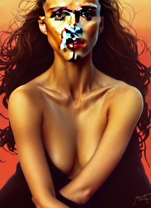 Image similar to half Jessica Alba half Nathalie Portman half scarlett johansonna pure seductive angel, full body portrait, slight smile, diffuse natural sun lights, autumn lights, highly detailed, digital painting, artstation, concept art, sharp focus, illustration, art by wlop and greg rutkowski and alphonse mucha and artgerm