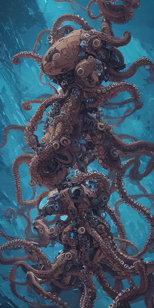 Image similar to robotic octopus, style of james jean and laurie greasley and greg rutkowski, dynamic composition, dramatic lighting, hyper - realistic, ultra detailed, 8 k