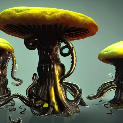 Prompt: an alien mushroom with tentacles, oozing black goo, melty, drippy, unreal engine