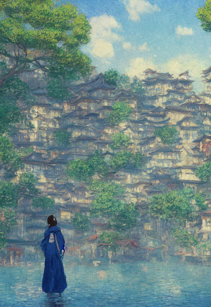 Image similar to tiny lost king wearing a cape in front of a japanese city with beautiful ryokans and edo era houses. cyberpunk. beautiful blue sky. gorgeous epic nature inside the city. lofi. vivid colors, amazing light, by jeremy lipkin, by claude monet, heavily inspired by makoto shinkai, inspired by ghibli, masterpiece, multiple brush strokes, impressionist style