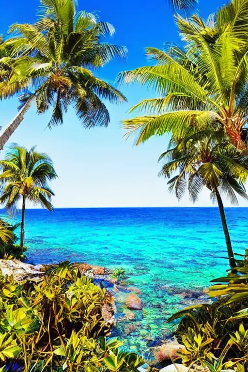 Prompt: beckoning palms over crystal clear water beautiful sunny day