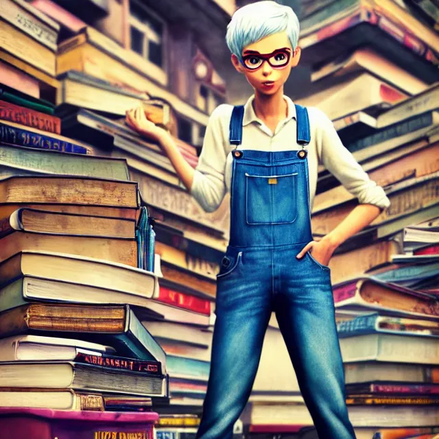 Image similar to full body pose, beautiful adult book fairy, pixar, short white hair shaved sides, dirty, grungy, grunge, long sleeve, painted overalls, stacks of giant books, highly detailed, 4 k, hdr, smooth, sharp focus, high resolution, award - winning photo, artgerm, photorealistic