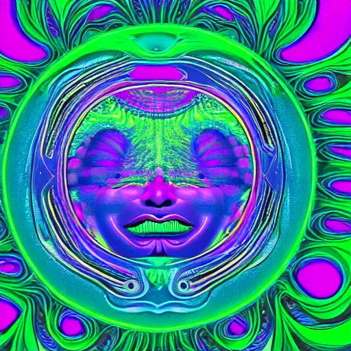 Prompt: a psychedelic hippy alien smiling and meditating, floating in space, fractal, in the style of alex gray