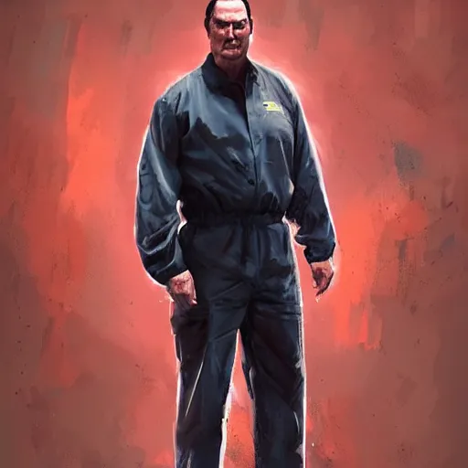 Image similar to sad steven seagal full body portrait, prison jumpsuit, prison jumpsuit, digital painting, artstation, concept art, smooth, sharp focus, illustration, whimsical background by marc simonetti, artwork by liam wong, patriotic!