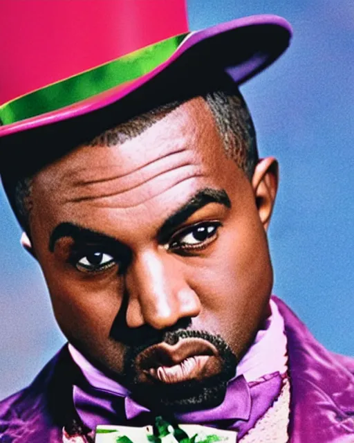 Prompt: film still close - up shot of kanye west as willy wonka from the 1 9 7 1 movie willy wonka & the chocolate factory. photographic, photography