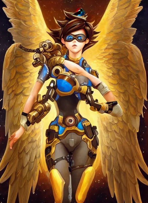 Image similar to full body oil painting of tracer overwatch in the style of sophie anderson, angel wings, angelic golden armor, dramatic painting, symmetrical composition, ornate, golden chains, high detail, gold detailed collar!!!!!, blooming, angelic, lights, flowers, heavenly, bright, detailed face,