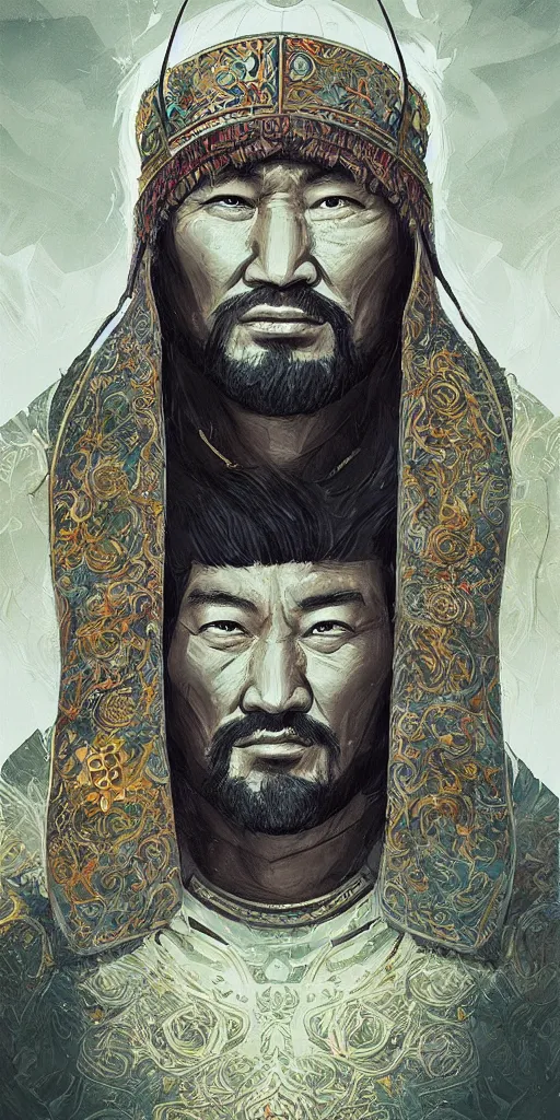 Image similar to highly detailed portrait of genghis khan by roger dean and alena aenami