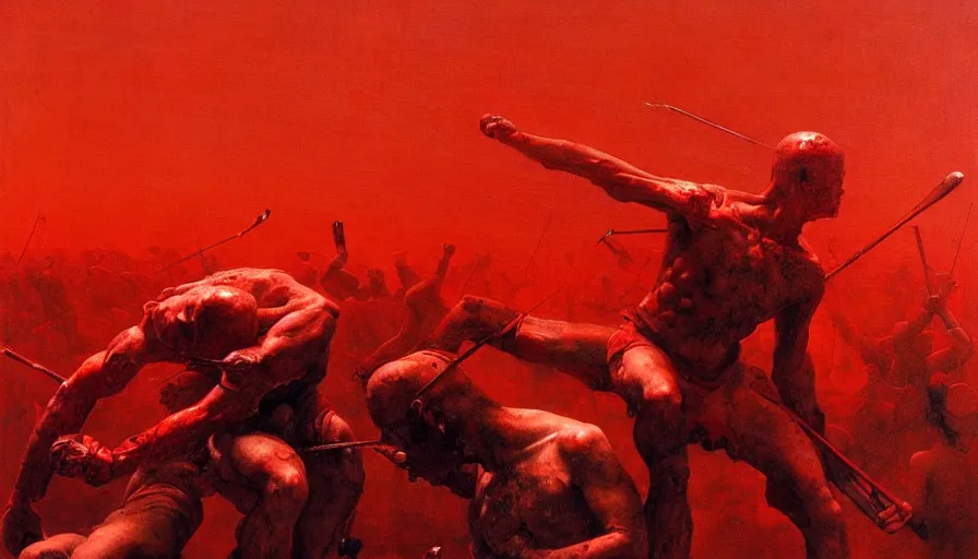 Image similar to only with red, bloody gladiator battle in a crowded roman amphitheatre, crowd cheering, in the style of beksinski and edward hopper and rodcenko and yue minjun and greg rutkowski, intricate and epic composition, red by caravaggio, highly detailed, masterpiece, red light, artstation, art nouveau