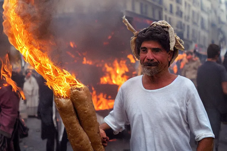 Image similar to closeup potrait of a man carrying baguettes over his head during a scorching fire in Paris, photograph, natural light, sharp, detailed face, magazine, press, photo, Steve McCurry, David Lazar, Canon, Nikon, focus