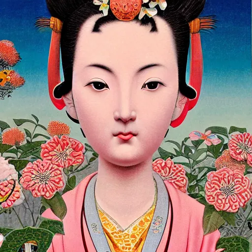 Prompt: an 3 d rendering of the goddess of women from a wes anderson film looking at the camera surrounded by lush flowers mark ryden, realism ukiyo - e 8 k