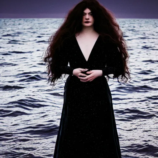 Image similar to lorde with a velvet crown and black gown standing on a raised translucent platform in the middle of the sea, night time with milky way in the sky. cinematic, 3 5 mm film, sharpness, nostalgic and melancholic 4 k, 8 k