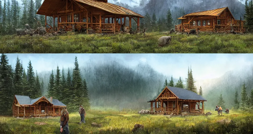 Image similar to cabela's beautiful comfortable modular pop - up insulated all terrain family dwelling, cabin,, person in foreground, mountainous forested wilderness open fields, beautiful views, painterly concept art, joanna gaines, environmental concept art, farmhouse, magnolia, concept art illustration, by james gurney, by craig mullins, by greg rutkowski trending on artstation