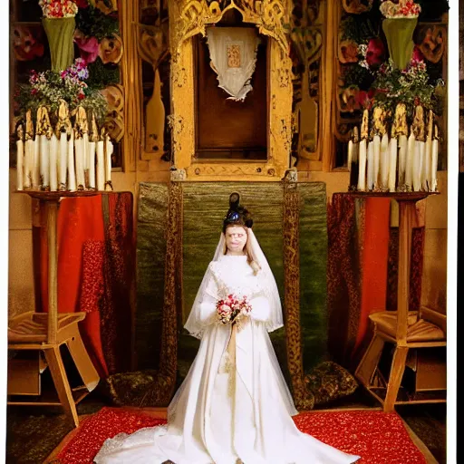 Prompt: A wide full shot, colored Russian and Japanese mix historical fantasy a photograph portrait taken of inside the royal wedding floral covered chapel, photographic portrait, warm lighting, 1907 photo from the official wedding photographer for the royal wedding.