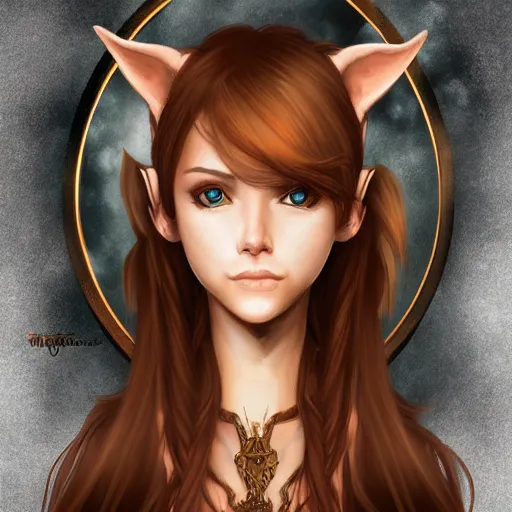 Image similar to portrait, 30 years old women :: fantasy elf, small ears :: amber eyes, long straight darkblond hair :: attractive, symmetric face :: brown medieval cloting, natural materials :: high detail, digital art, RPG, concept art, illustration