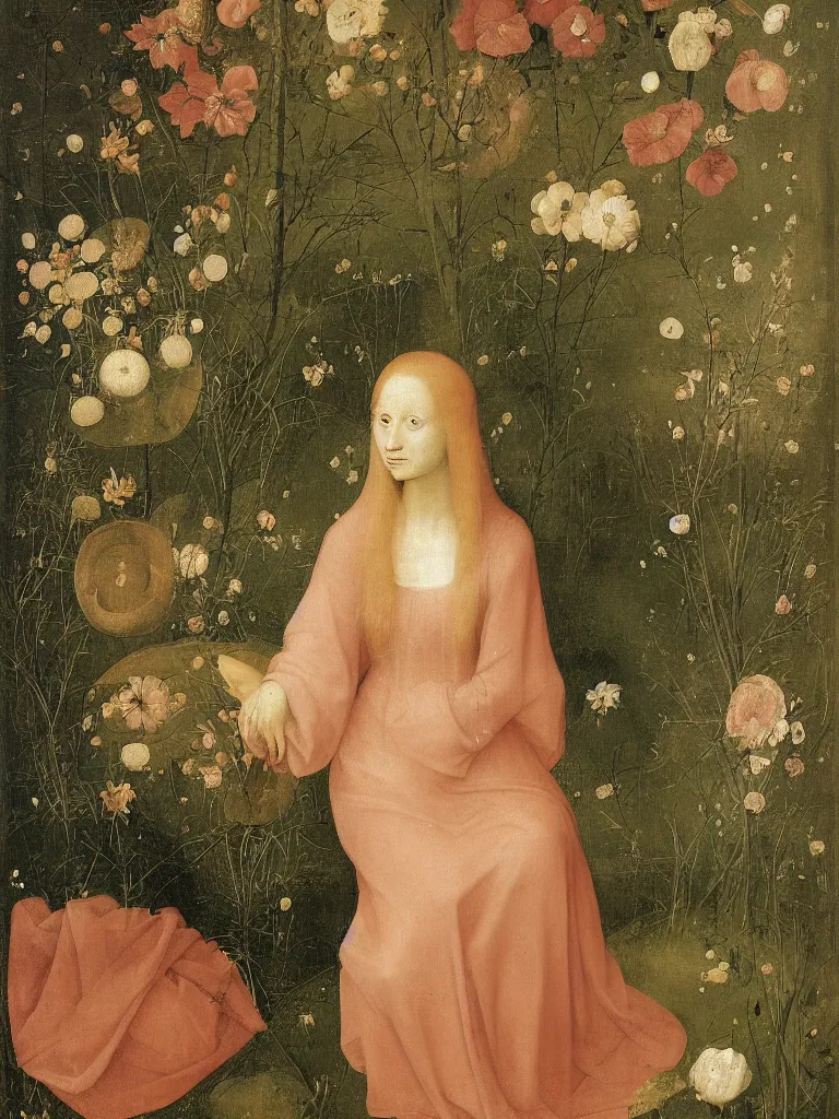 Prompt: beautiful woman with long golden hair, wearing chiffon dress, sitting among large flowers in the garden, in the style of hieronymus bosch,