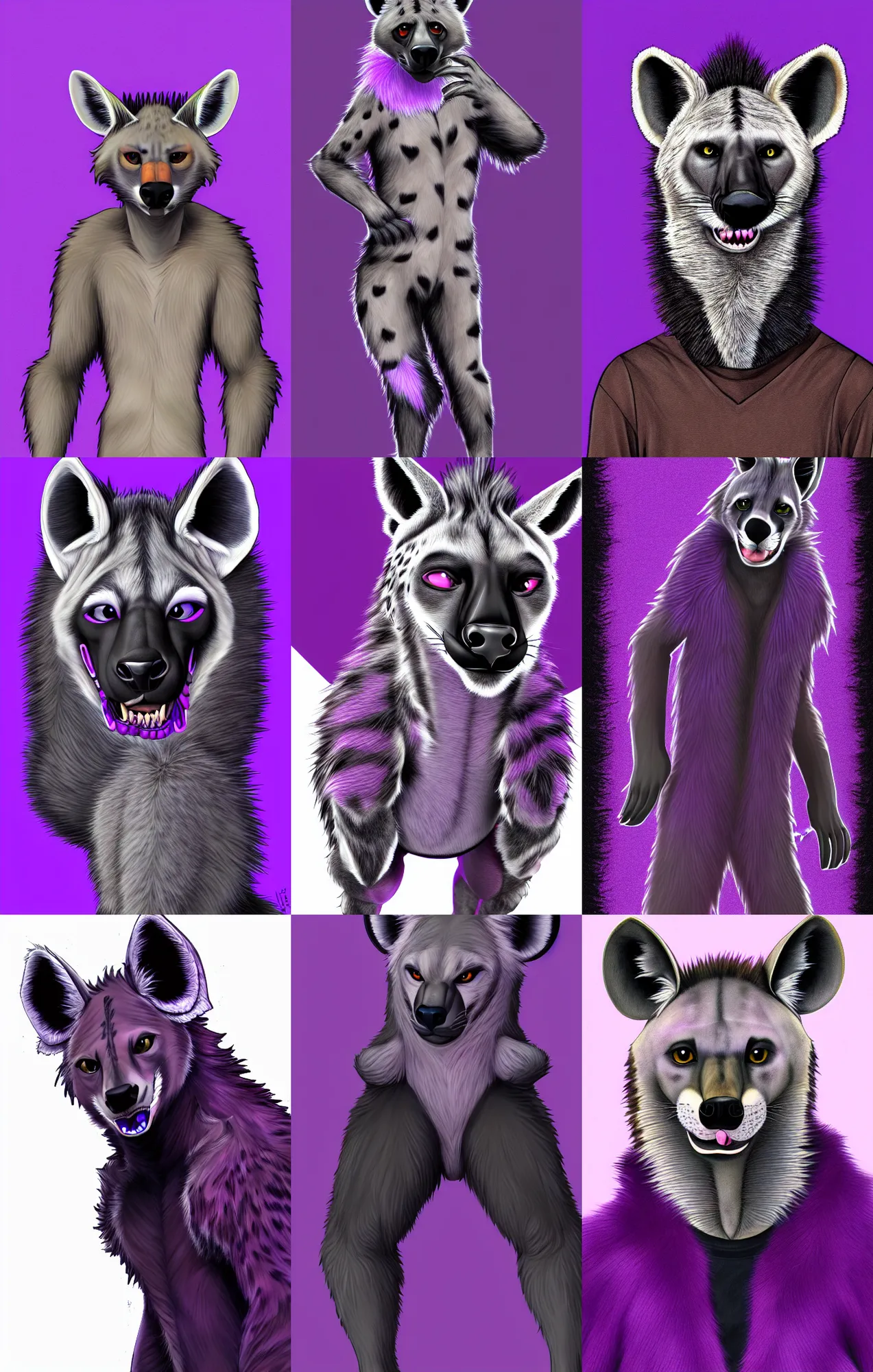 Image similar to a full - body centered front - perspective furry male fursona portrait, a male hyena fursona, purple and black fur color scheme, trending on weasyl, high - resolution, photorealistic