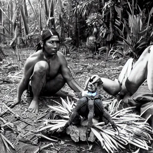 Image similar to Portrait of an Amazon indigenous tribe leader preparing a tarantula over a campfire in the middle of an ominous jungle, 1980s photography