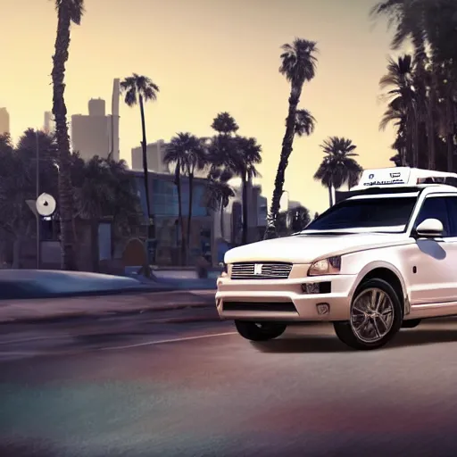 Prompt: a photorealistic image of bichon frise riding in the back on an Uber SUV through Hollywood at dusk. This 4K HD image is Trending on Artstation, featured on Behance, well-rendered, extra crisp, features intricate detail and the style of Unreal Engine.