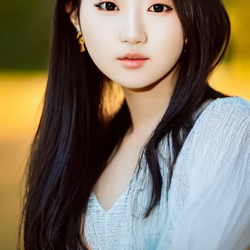 Image similar to portrait of beautiful young k-pop idol, golden hour, sigma 85mm