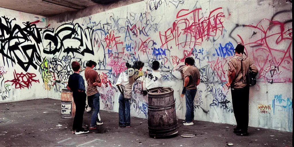 Prompt: new york underpass, graffiti on the walls, cope 2 drawing on the wall, guy drawing graffiti on the wall, crowd around the burning barrel, coloured film photography, christopher morris photography, bruce davidson photography