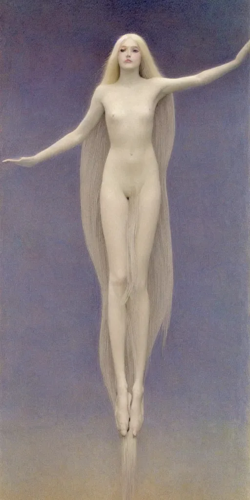 Prompt: Say who is this with silver hair so pale and Wan! and thin? beautiful lone single feminine!! angel in the style of Jean Delville, Lucien Lévy-Dhurmer, Fernand Keller, Fernand Khnopff, oil on canvas, 1896, 4K resolution, aesthetic, mystery