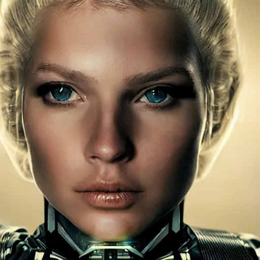 Image similar to very pretty blond borg queen on a borg ship, perfect face, symmetrical face, moody lighting, shallow depth of field,