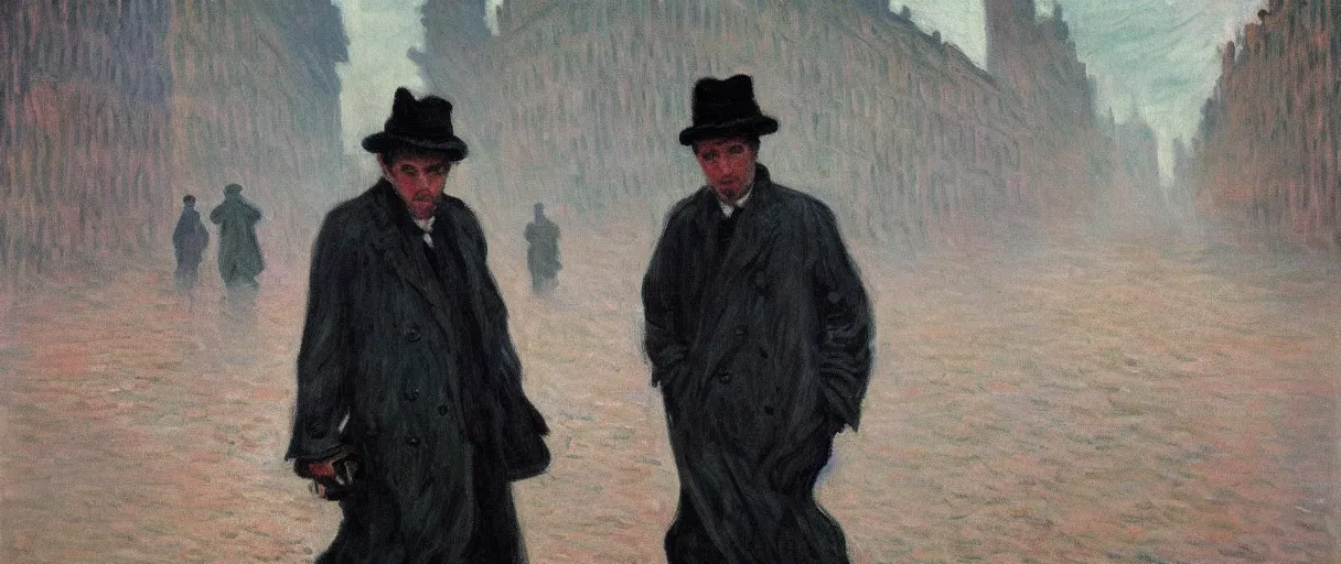 Prompt: a drunk and depressed film noir detective in a trench-coat, walking along a street; a painting by Claude Monet