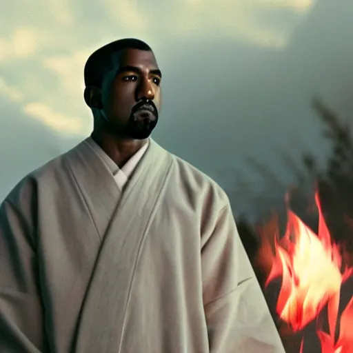 Image similar to cinematic film still of Kanye West starring as a Japanese Sensei with fire, Japanese CGI, VFX, 2003, 40mm lens, shallow depth of field, film photography