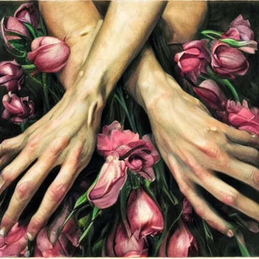 Image similar to a thousand of hands touching flowers, by Jenny saville. Dark and atmospheric