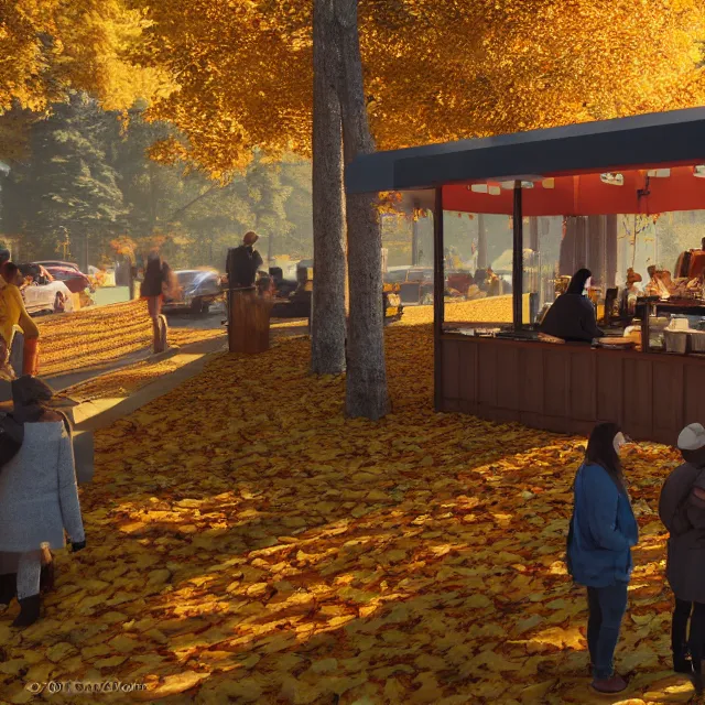 Prompt: pumpkin headed people ordering coffee at a coffee stand, maple trees with fall foliage, woodstock vermont, volumetric, realistic, cinematic lighting, ray tracing, unreal engine 5, octane render, hyper realistic, photo, 8 k