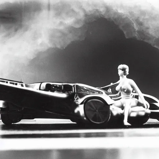 Prompt: old black and white photo, 1 9 3 3, depicting blade runner and replicant in a flying car, historical record, dramatic lighting