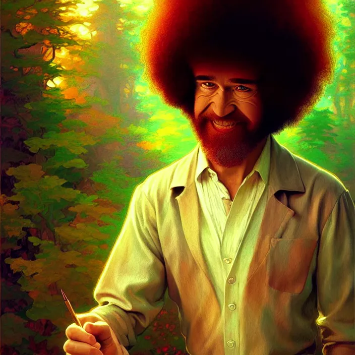 Prompt: psychedelic Bob Ross, diffuse lighting, fantasy, intricate, elegant, highly detailed, lifelike, photorealistic, digital painting, artstation, illustration, concept art, smooth, sharp focus, art by John Collier and Albert Aublet and Krenz Cushart and Artem Demura and Alphonse Mucha