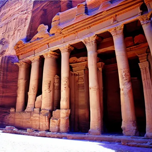 Image similar to the temple of petra with the pillars carved as anime characters