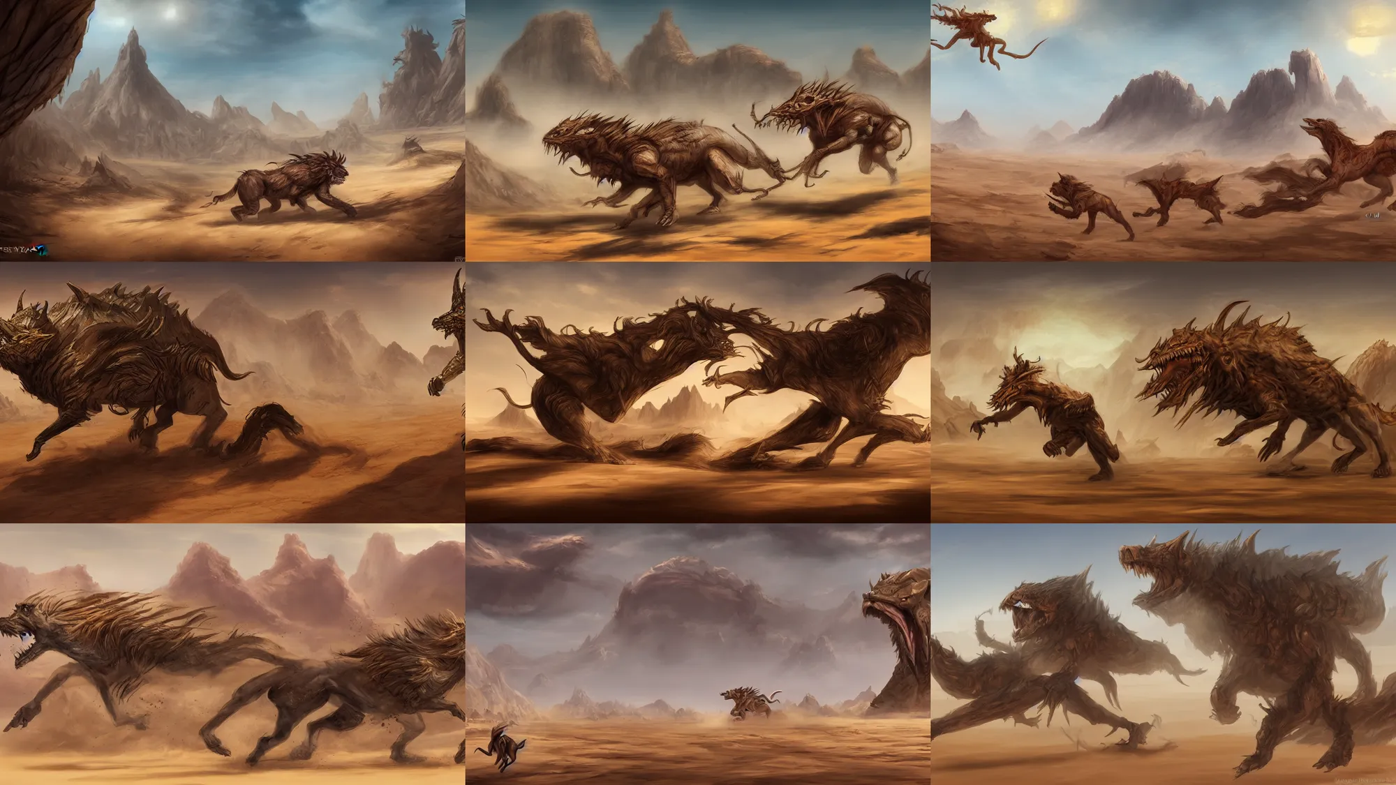 Prompt: beast running across the empty desert, karst landscape, wide shot, fantasy concept art for amonkhet