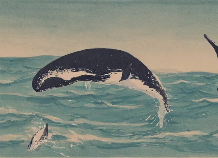 Image similar to a painting of a pair of whales by Qi Baishi