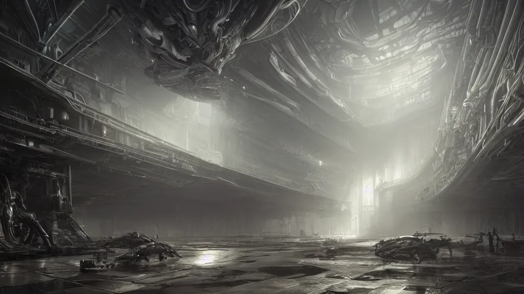 Image similar to a Photorealistic dramatic hyperrealistic,hyper detailed render by Greg Rutkowski,Craig Mullins of an Epic Sci-Fi, Gigantic Alien xenomorph spaceship inside huge interior hangar,intricate bio mechanical surface details,many tubes and cables hanging from the ceiling by,ILM,Beautiful dynamic dramatic moody lighting,Volumetric,Cinematic Atmosphere,Octane Render,Artstation,8k
