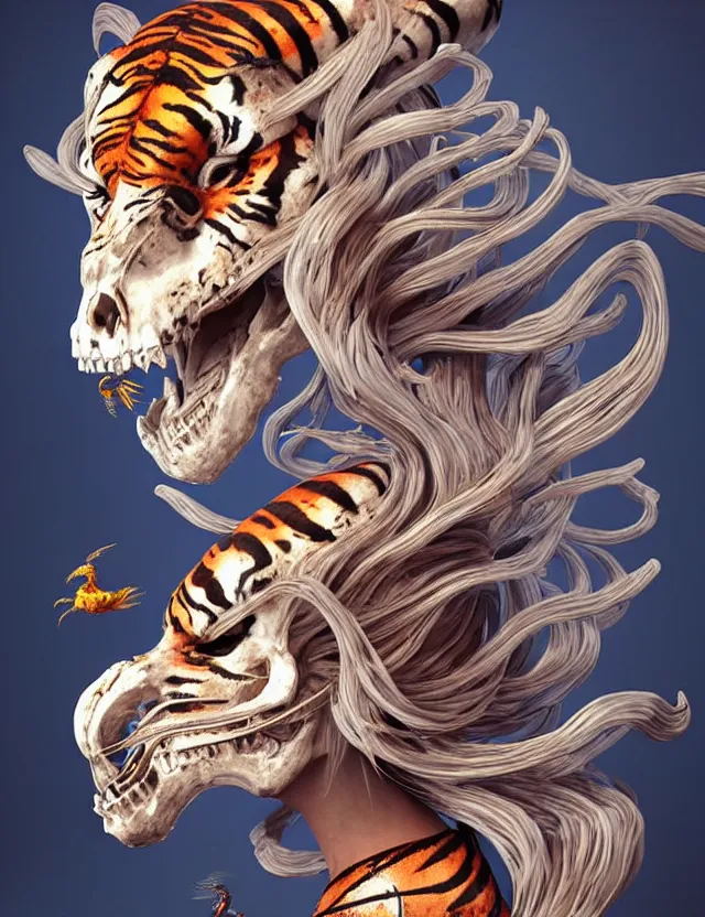 Image similar to 3 d goddess tiger skull half - turn portrait with long hair with ram skull. beautiful intricately detailed japanese crow kitsune mask and clasical japanese kimono. betta fish, jellyfish phoenix, bio luminescent, plasma, ice, water, wind, creature, artwork by tooth wu and wlop and beeple and greg rutkowski