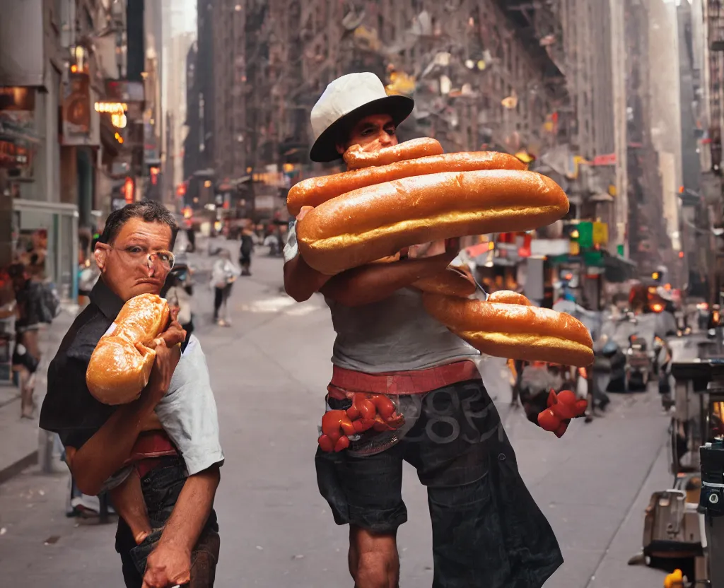 Image similar to closeup portrait of a man carrying a giant hotdog on his shoulder in a smoky new york back street, by Annie Leibovitz and Steve McCurry, natural light, detailed face, CANON Eos C300, ƒ1.8, 35mm, 8K, medium-format print