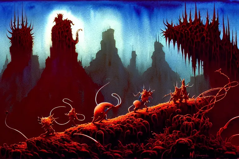 Image similar to rat brotherhood of the spikey patch, painted by michael whelan and roger dean and danny flynn and beksinski, trending on artstation, back lighting high angle view watercolor painting, naturalism, gothic, fantasy, carolingian