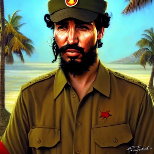 Image similar to epic portrait of justin trudeau as fidel castro havana cuba background detailed digital painting artstation concept art, donato giancola, joseph christian leyendecker, wlop, boris vallejo, breathtaking, high details, extremely detailed, confused face, establishing shot, artistic, hyper realistic, beautiful face, octane render