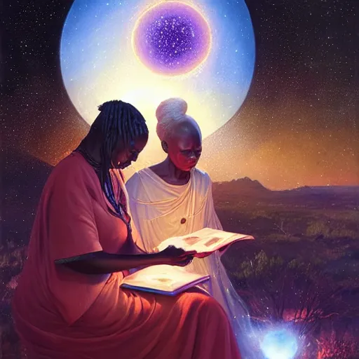 Image similar to an elder african psychic woman reading her crystal ball under a meteor shower, greg rutkowski and android jones and amanda sage, oil on canvas, 8k