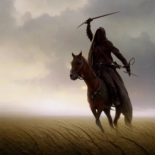 Image similar to cinematic shot epic portrait an hooded man riding a horse in middle of wheat fields, sunny, cloudy, broad light, ambient occlusion, volumetric light effect, made by ivan aivazovsky, peter mohrbacher, greg rutkowski, matte painting, trending on artstation, 4 k, perfectly defined features, digital painting, cinematic, epic, highly detailed,