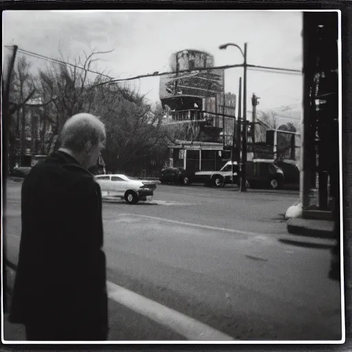 Prompt: tall creepy man watching from across the street, found footage, analog, 8 mm