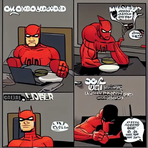 Image similar to daredevil eating in mcdonalds, marvel