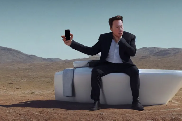 Image similar to hyperrealism aesthetic ridley scott and denis villeneuve style photography of a detailed giant elon musk, siting on a detailed ultra huge toilet and scrolling his smartphone in hyperrealism scene from detailed art house movie in style of alejandro jodorowsky and wes anderson