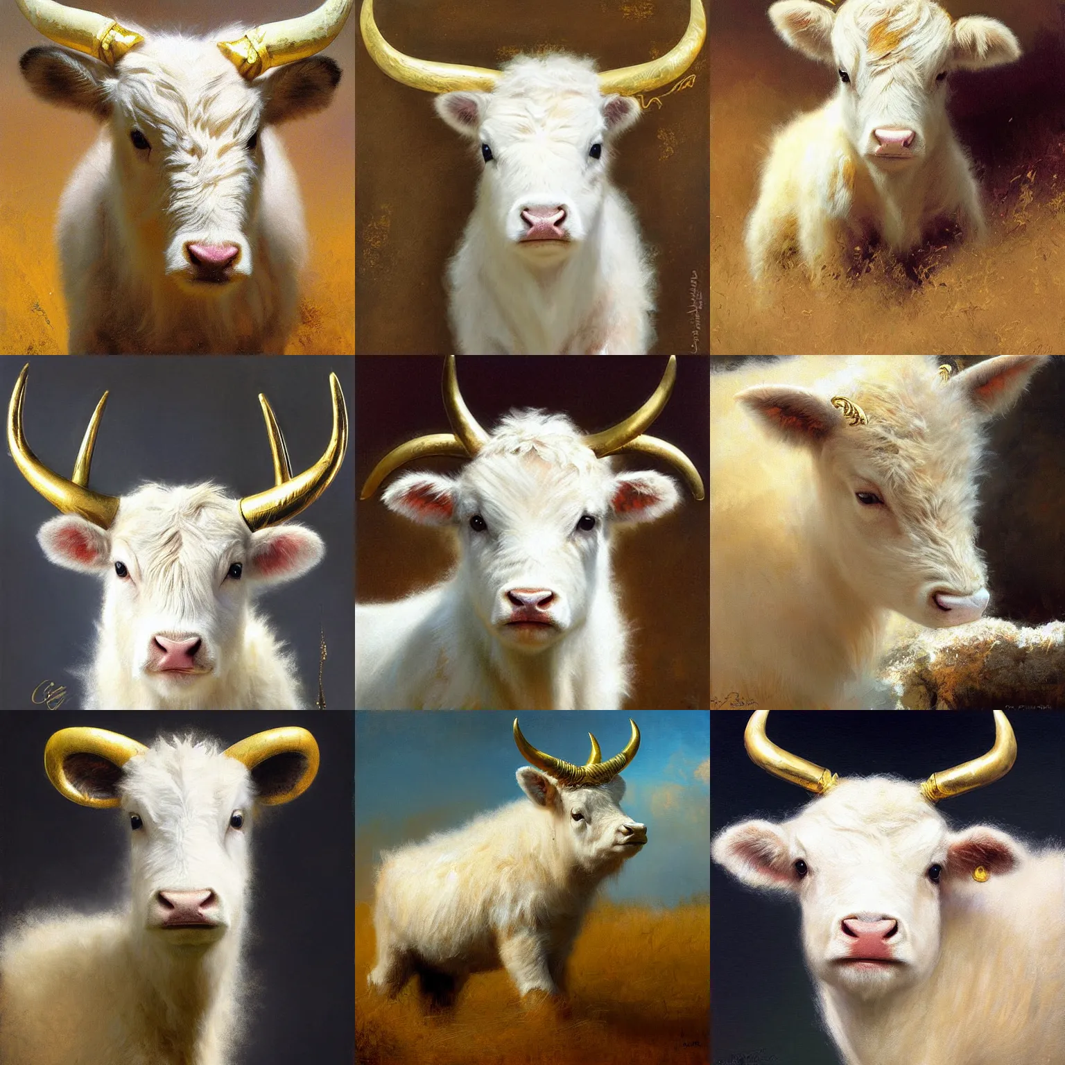 Prompt: cute white aurochs calf with gold horns, white fluffy fur, animal portrait by craig mullins, gaston bussiere