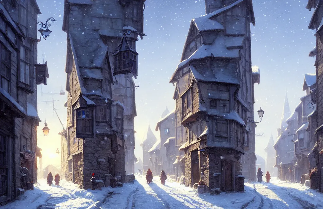 Prompt: medieval town street scene in the winter, blue sky, snow, frost, detailed, concept art, low angle, highly detailed, warm lighting, volumetric, godrays, vivid, trending on artstation, by jordan grimmer, greg rutkowski