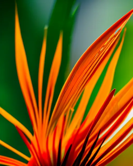 Image similar to super sharp microphotography ornate Birds of Paradise flowers dali robert steven connett dramatic orange light 8k low angle shallow depth of field