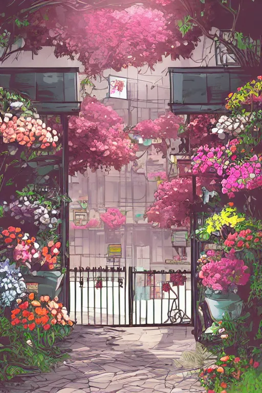 Image similar to a little flower shop's front gate, fresh, digital illustration, dramatic lighting, pixiv