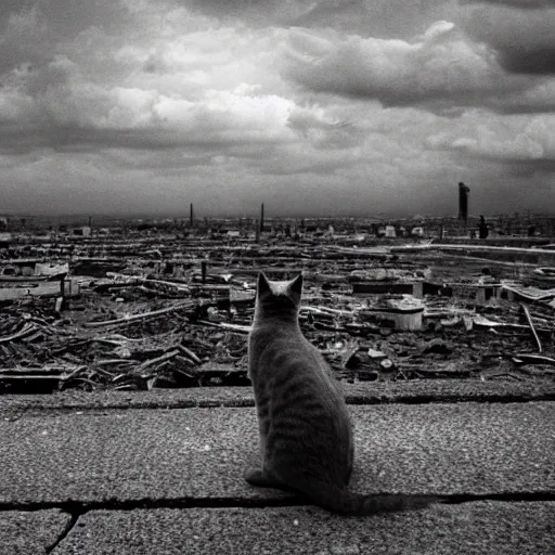 Prompt: cat observing the end of the world, aftermath of nukes, wasteland of a city, red tinted hue